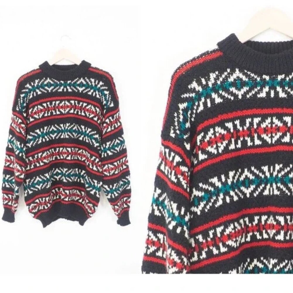 90s Vintage Expressions Intl Sz L Oversized Knit Sweater Fall Winter Snowflake‎